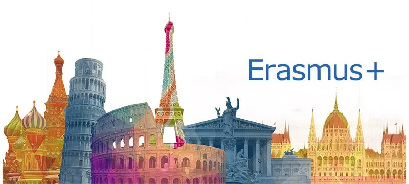 logo Erasmus+ makieta zabytków europejskich stolic